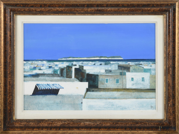 Salvatore Magazzini (1955-), Tetti sul mare, tecnica mista su cartone pressato, cm 40x60, firmato in basso a destra, entro cornice