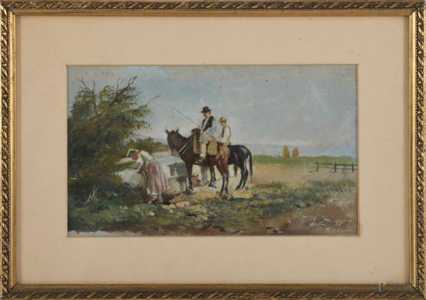 Figure all'abbeveratoio, XX secolo, olio su carta, cm 15x25,5 entro cornice, firmato e datato in basso a destra