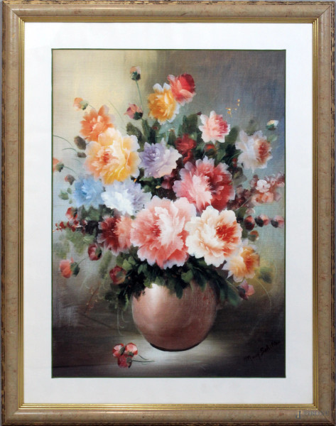 Vaso con fiori, stampa a colori, cm. 68x47, entro cornice.