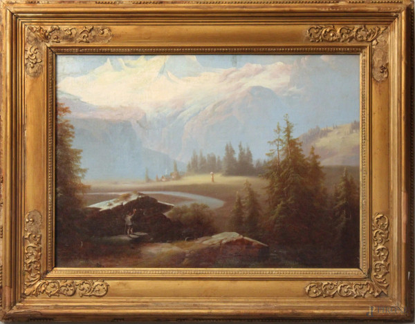 Paesaggio montano con figure, olio su cartone telato, 50x70 cm, entro cornice
