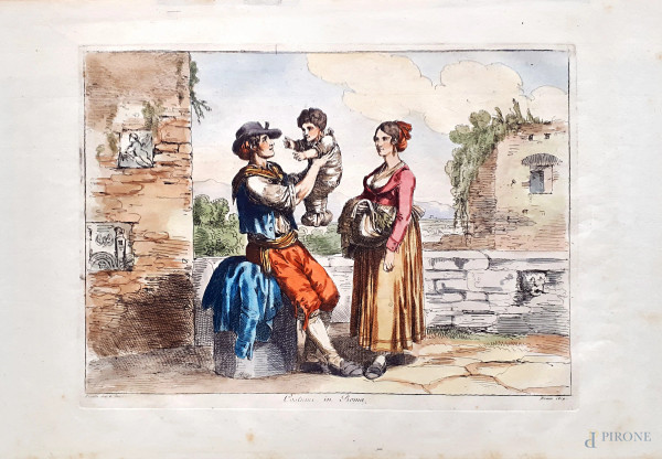 Bartolomeo Pinelli - Pastori in Roma, acquaforte originale del 1819, acquarellata a mano su carta vergellata, cm.26x40