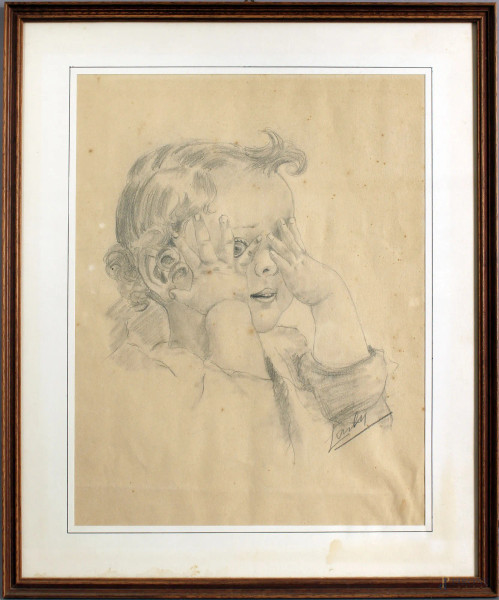Ritratto di bambina, matita su carta, cm. 40c31, firmato, entro cornice.