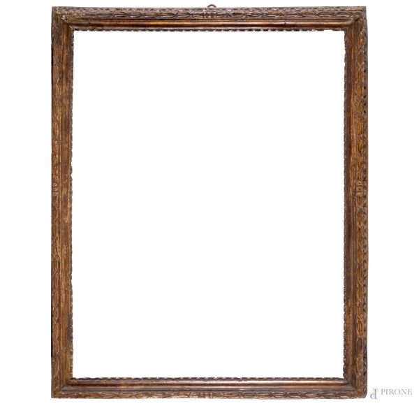 Cornice in legno intagliato e dorato a mecca, XVIII secolo, cm 107,5x87(ingombro); cm 93x74 (luce)