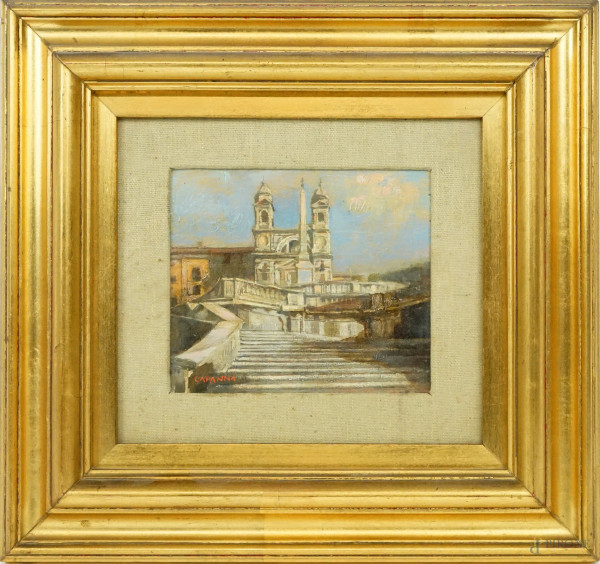 Trinità dei Monti, olio su cartone, cm 11,5x13 circa, firmato Capanna, entro cornice.