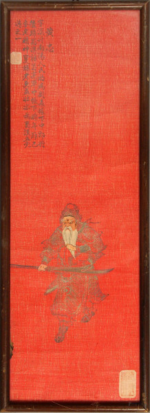 Guerriero, dipinto su carta, cm. 40,5x13,5, Cina XX secolo, entro cornice.