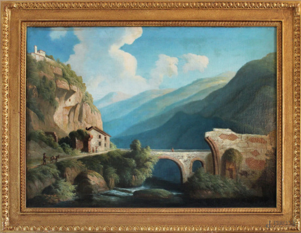Paesaggio montano con ponte, olio su tela, cm 70 x 96, entro cornice.