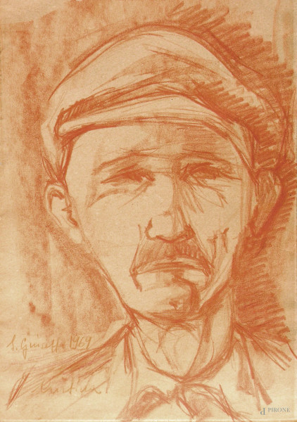 Artista italiano, Ritratto di contadino, sanguigna su carta, cm 22x30, firmato e datato 