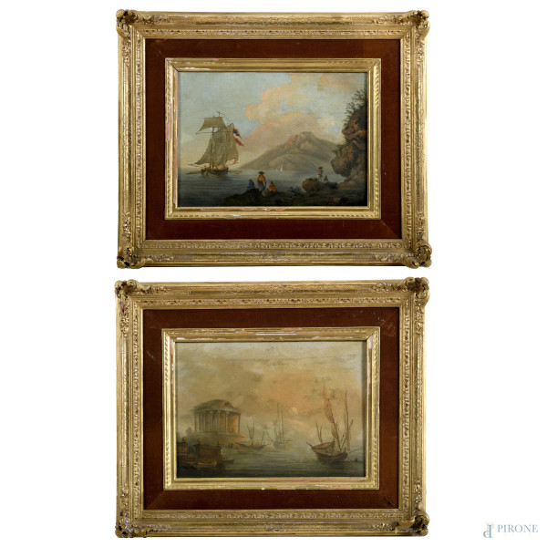 Lotto di due marine con barche e figure, XIX secolo, olio su tela, cm 24,5x34,5, entro cornice, (segni di usura, craquelure, abrasioni, difetti)