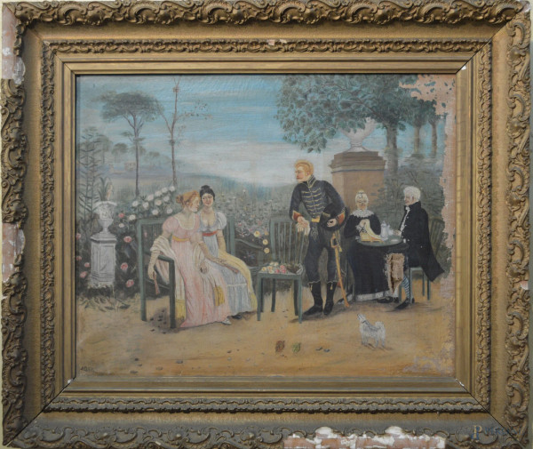 Scena  romantica, olio su tela 62x50 cm, entro cornice, (difetti e mancanze).