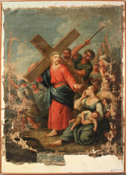 Episodio della via Crucis, olio su tela applicata su tela moderna, XVIII sec., cm 65 x 49, difetti.