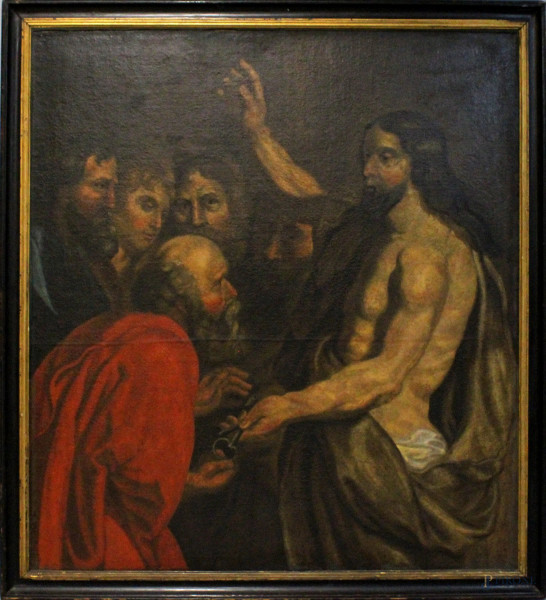 San Pietro riceve le chiave da Gesù, olio su tela, cm 115x104, XVII secolo, entro cornice
