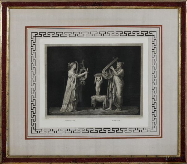 Tersicore e Pindaro, XX secolo, stampa, cm 59x68 compreso passepartout, entro cornice