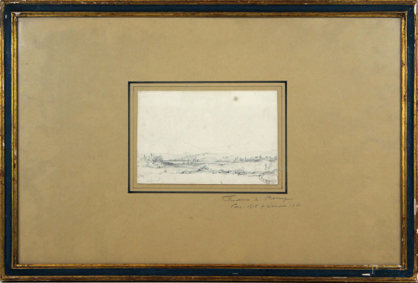 Paesaggio montano, matita su carta, cm 11x17, XIX secolo, entro cornice.