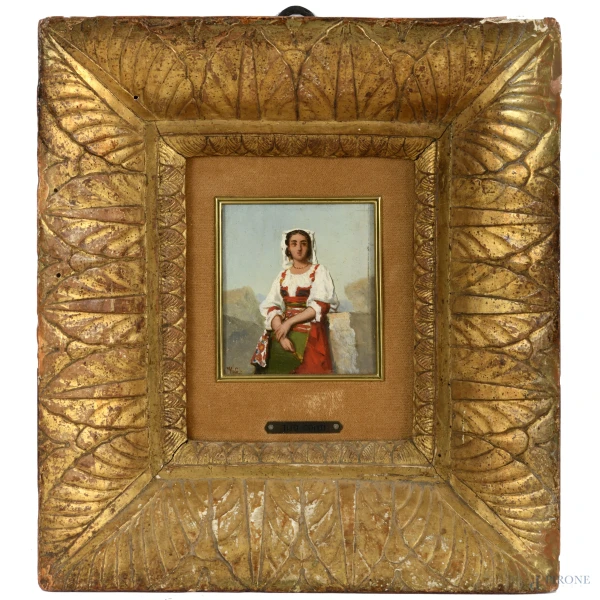 Popolana romana, olio su tavoletta, cm 9x8, siglato in basso a sinistra, entro cornice