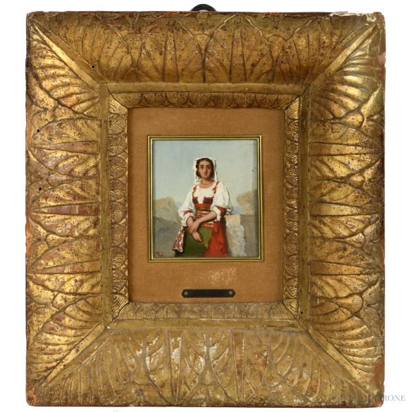 Tito Conti - Popolana romana, olio su tavoletta, cm 9x8, siglato in basso a sinistra, entro cornice