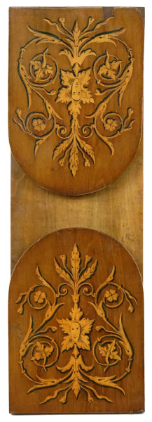 Fermalibri richiudibile in legno con decori a grottesche, cm 14x33, XX secolo.