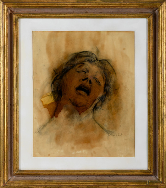 Irene Ugolini Zoli (1910-1998), Volto di donna, tecnica mista su carta, cm 66,5x56,5 con passepartout entro cornice, firmato in basso a destra
