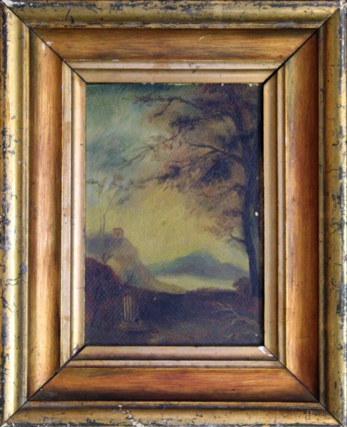 Paesaggio, olio su cartone, cm 16x22, entro cornice.