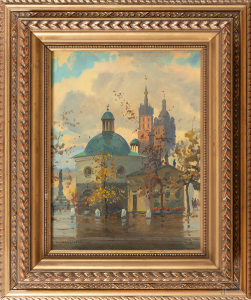 Varsavia, olio su faesite, cm 30x23, firmato e datato "1990" in basso a sinistra, entro cornice