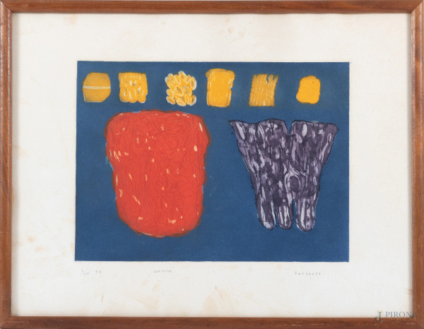 Pietro Consagra (1920 – 2005), Carmela, litografia a colori su carta, P.A., cm 46x65, firmato a grafite in basso a destra, entro cornice, (tracce di umidità, foxing, lievi segni di usura)