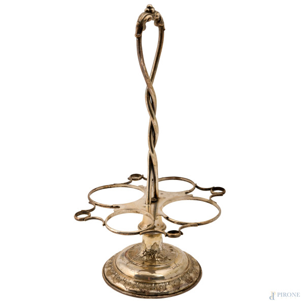Oliera in argento con manico centrale spiraliforme e base circolare cesellata, XX secolo, cm 33x17x17, peso lordo gr. 450