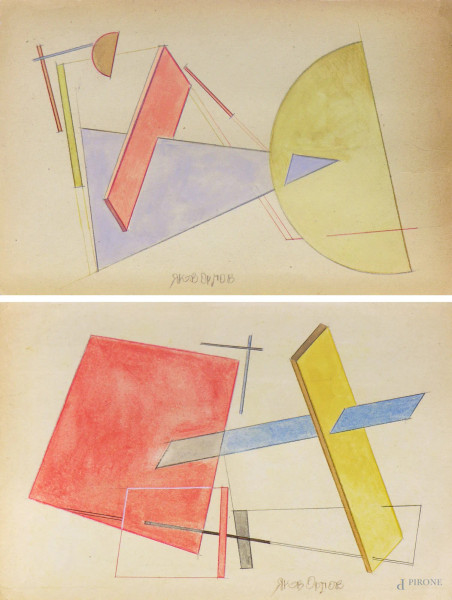 Yakov Orlov - Coppia di disegni geometrici suprematisti, tecnica mista su carta, cm 18x13 ciascuno, firmati in caratteri cirillici