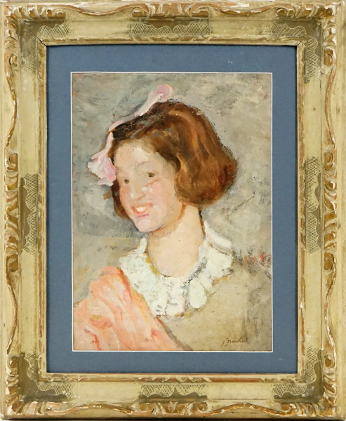 Ritratto di ragazza, olio su cartone, cm 36x26, firmato A.Spadini, entro cornice.