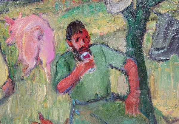 Arca di Noè, olio su compensato, firmato in basso a destra Brunello, cm 30x40