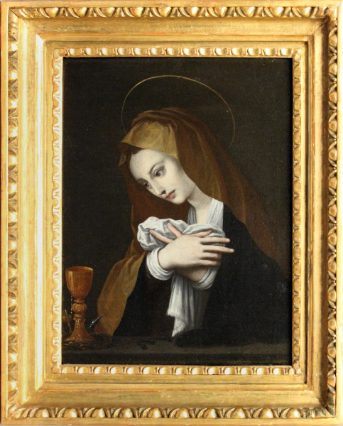 Vergine in preghiera, Scuola toscana  di fine XVI sec., olio su tela, cm 44 x 34,5, entro cornice.