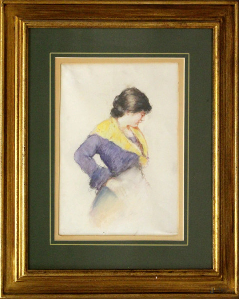 Ritratto di popolana, acquarello su carta, XIX sec., cm 34 x 25, entro cornice.