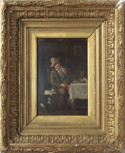 Interno con figura e cane, dipinto ad olio su tavola firmato, XIX sec., cm 20 x 30, entro cornice.