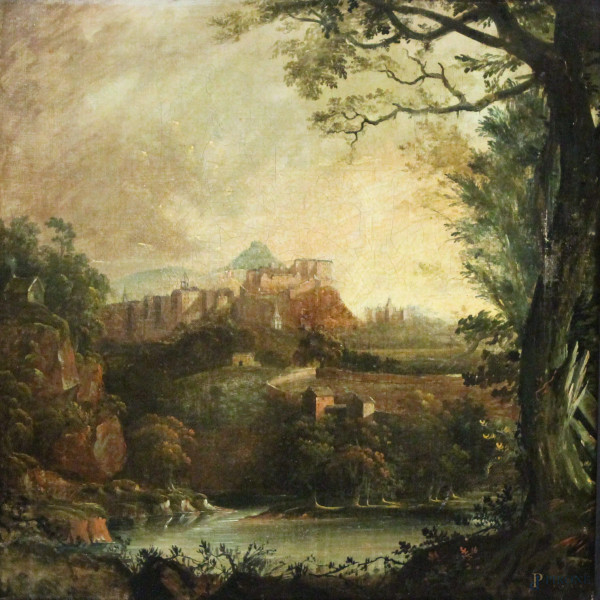 Scorcio di paesaggio con case e fiume, dipinto del 600 ad olio su tela, cm 50x49, entro cornice.