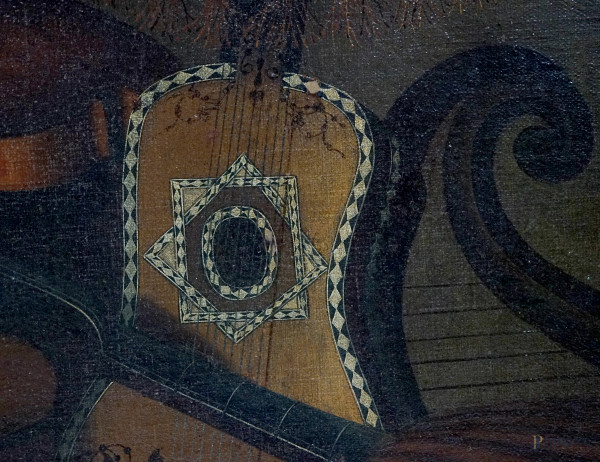 Natura morta con strumenti musicali, olio su tela, cm 71,5x117,5, entro cornice