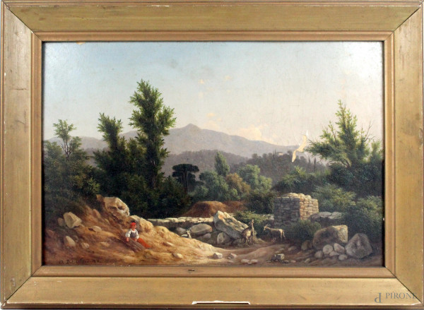 O.  Del Nibbio - Paesaggio con caprette, olio su cartone, cm 47x32, entro cornice (presenta una piccola caduta di colore).