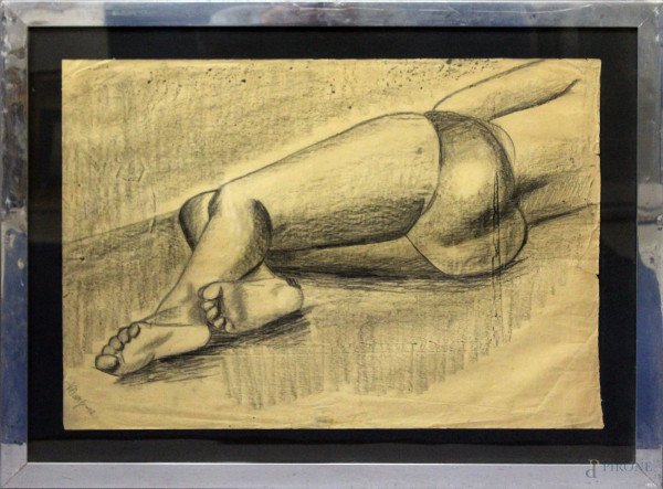 Fondoschiena di donna, carboncino su carta firmato Mangione, cm 70 x 50, entro cornice.