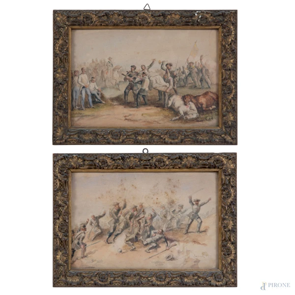Coppia di acquerelli con scene di battaglia, XIX-XX secolo, cm 19x28, firmato in basso, entro cornice, (difetti, tracce di umidità)