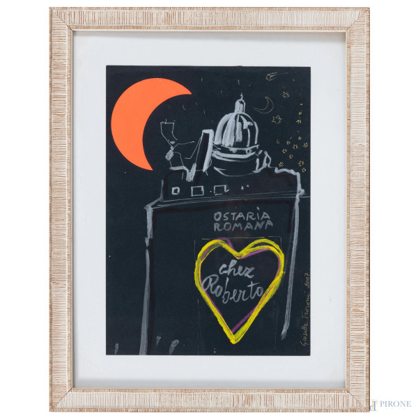 Giosetta Fioroni (1932-), Ostaria Romana chez Roberto, 2007, tecnica mista su carta, firmato al lato, cm 34,5x24,5