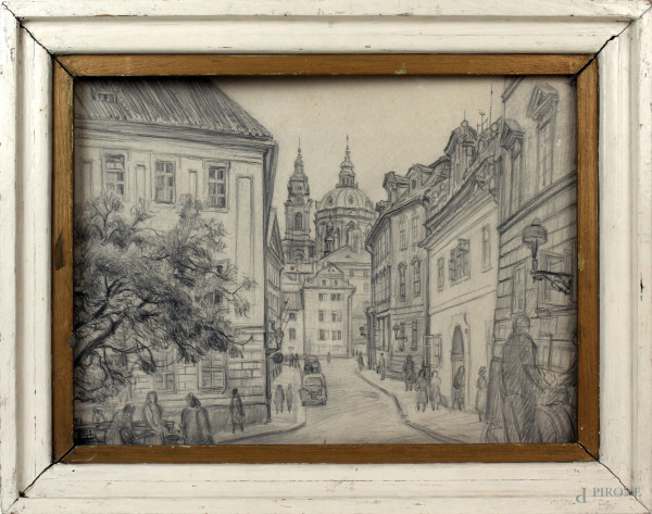 Praha, snemovni ulice na malé strane, matita su carta, 33,5x44,5, firmato e datato, entro cornice.