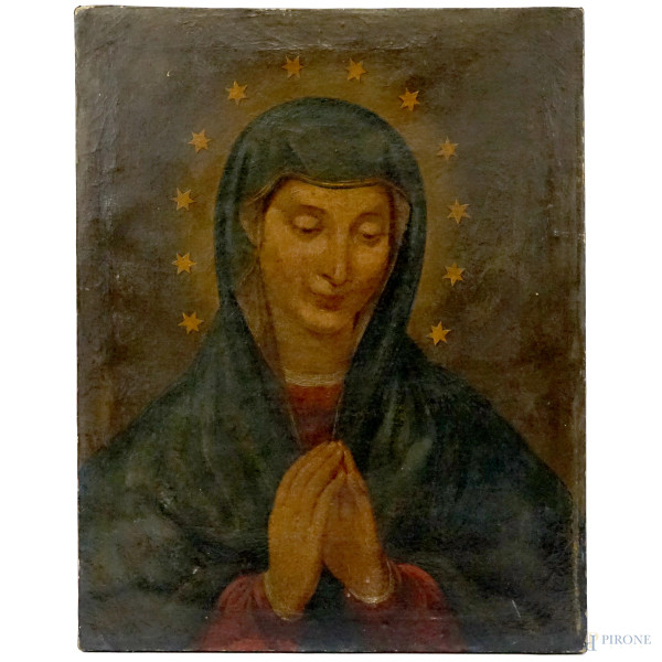 Pittore del XVIII-XIX secolo, Vergine in preghiera, olio su tela, cm 53x42, recante iscrizione sul telaio, entro cornice.