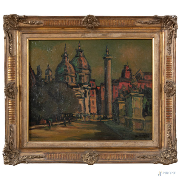 Piazza Colonna, XX secolo, olio su tela, cm 40x50, firmato in basso a destra, entro cornice, (segni di usura, abrasioni)