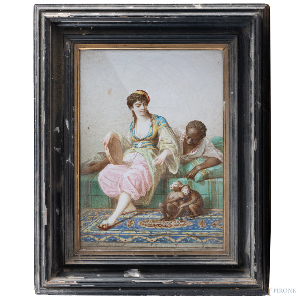 Dipinto su maiolica raffigurante fanciulle con scimmiette, XX secolo, cm 47,5x35, entro cornice, (segni di usura, felature, difetti)