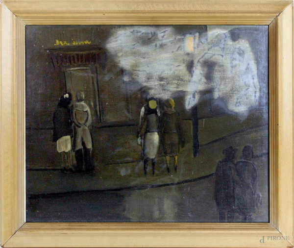 Franco Villoresi - Strada con figure, olio su cartone, cm 49x60,5, entro cornice, (difetti)