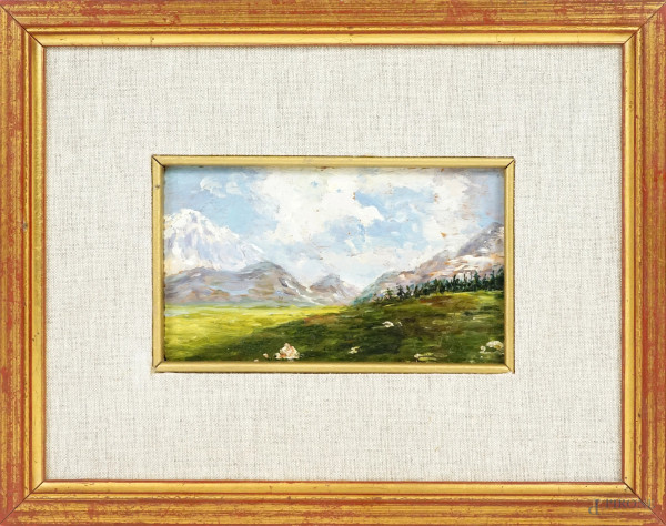 Paesaggio di montagna, olio su compensato, XX secolo, cm 7,5x13 circa, entro cornice