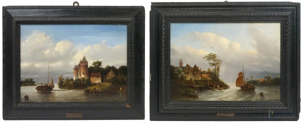 Salomon Leonardus Verveer - Coppia di paesaggi olandesi, olio su tavola, cm 41x57, datati, entro cornici