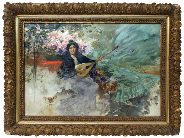 Donna con mandolino, olio su tela, cm 50x74, firmato, entro cornice.