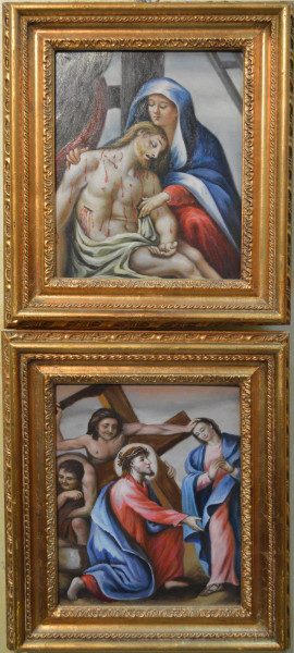 Lotto di due dipinti a soggetti di via crucis, ad olio su rame 20x25 cm, entro cornici.
