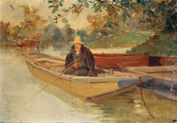 Paesaggio fluviale con vecchio pescatore, olio su tela, 27x19 cm, fine XIX sec.