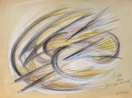 Achille Boni (XX sec.) Linee forza dinamiche, disegno futurista a tecnica mista su cartone, cm 32x22, firmato e titolato