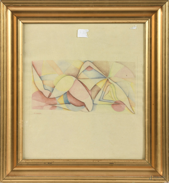 Composizione astratta, XX secolo, tecnica mista su carta, cm 40x36, firmato in basso a sinistra, entro cornice, (ondulazioni della carta)