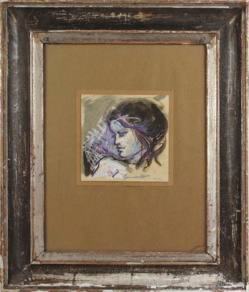 Ritratto di ragazza, tecnica mista su cartone, cm 14x14, firmato, entro cornice